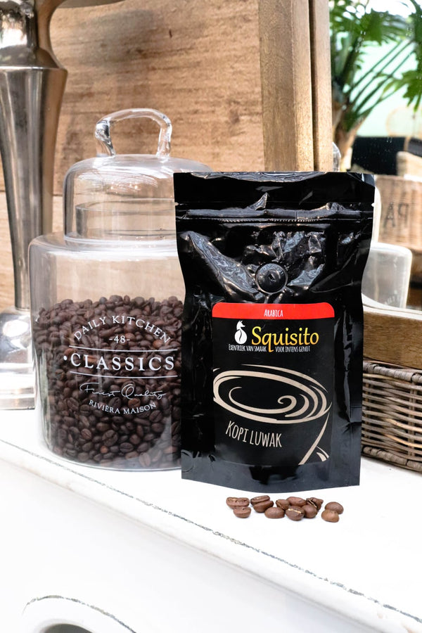 The Jewel of Sumatra - Kopi Luwak of Squisito ® | 100 grams Roasted Beans Ground Coffee Geroosterde Bonen Gemalen Filterkoffie Specialty Coffee Luxury Gift Starbucks Douwe Egberts Dunkin' Lavazza Illy Pickwick Lipton Exclusive Rare Nescafé Nespresso Espresso Cappuccino